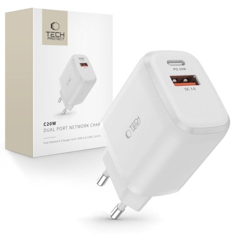 TECH-PROTECT C20W 2-PORT NETWORK CHARGER PD 20W / QC3.0 WHITE Tech-Protect