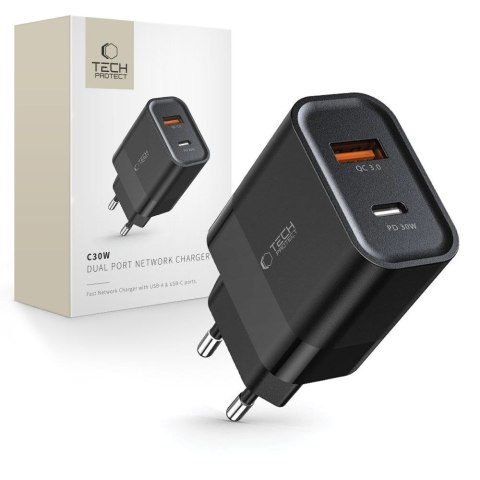 TECH-PROTECT C30W 2-PORT NETWORK CHARGER PD 30W / QC3.0 BLACK Tech-Protect
