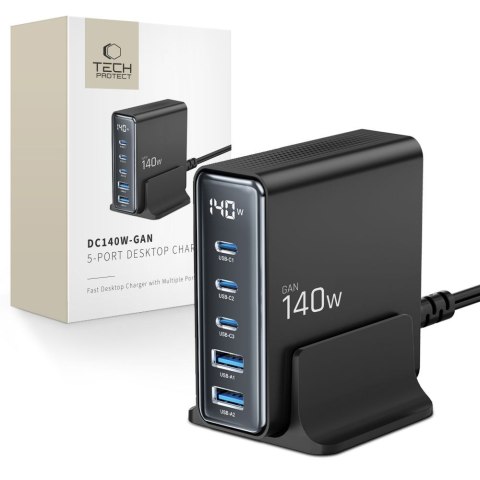TECH-PROTECT DC140W-GAN 5-PORT DESKTOP CHARGER PD 140W / QC3.0 BLACK Tech-Protect