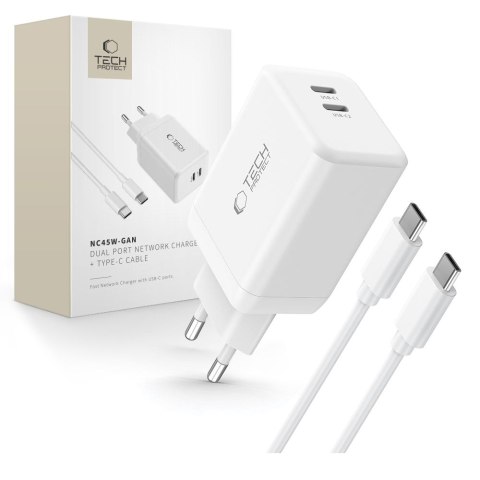 TECH-PROTECT NC45W-GAN 2-PORT NETWORK CHARGER PD 45W + TYPE-C CABLE WHITE Tech-Protect