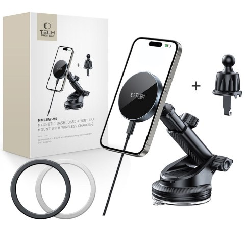 TECH-PROTECT MM15W-V5 MAGNETIC MAGSAFE DASHBOARD & VENT CAR MOUNT WIRELESS CHARGER 15W BLACK/BLACK Tech-Protect