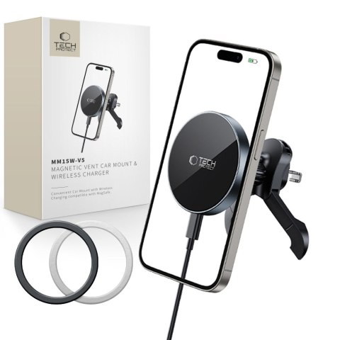 TECH-PROTECT MM15W-V5 MAGNETIC MAGSAFE STABLE VENT CAR MOUNT WIRELESS CHARGER 15W BLACK/BLACK Tech-Protect