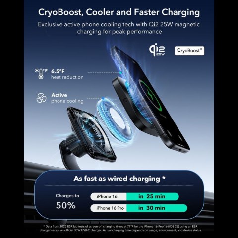 ESR OMNILOCK CRYOBOOST MAGNETIC MAGSAFE VENT CAR MOUNT WIRLESSS CHARGER 25W QI2.2 BLACK ESR