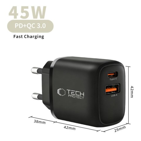 TECH-PROTECT NCA45W-GAN 2-PORT NETWORK CHARGER PD 45W / QC3.0 + TYPE-C CABLE BLACK Tech-Protect