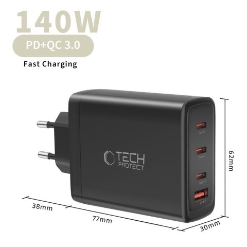 TECH-PROTECT NC140W-GAN 4-PORT NETWORK CHARGER PD 140W / QC3.0 BLACK Tech-Protect