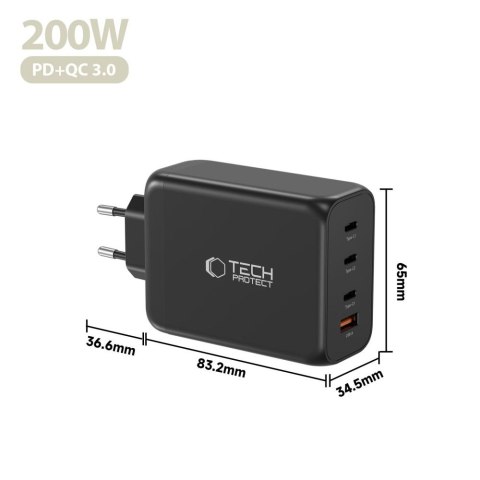 TECH-PROTECT NC200W-GAN 4-PORT NETWORK CHARGER PD 200W / QC3.0 BLACK Tech-Protect