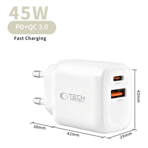 TECH-PROTECT NCA45W-GAN 2-PORT NETWORK CHARGER PD 45W / QC3.0 + TYPE-C CABLE WHITE Tech-Protect