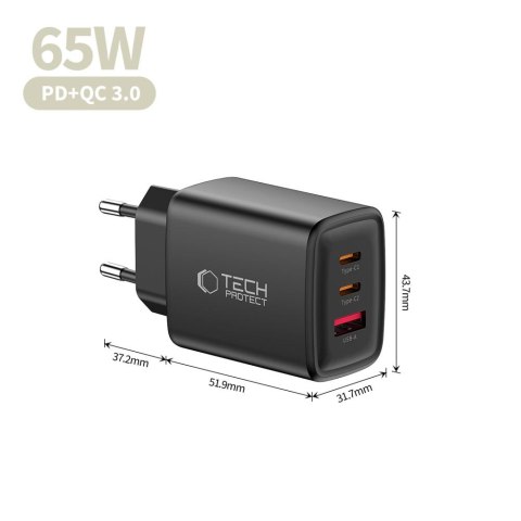 TECH-PROTECT NCA65W-GAN 3-PORT NETWORK CHARGER PD 65W / QC3.0 BLACK Tech-Protect