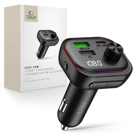TECH-PROTECT CC07 3-PORT CAR CHARGER PD 54W + TRANSMITER FM BLUETOOTH BLACK Tech-Protect